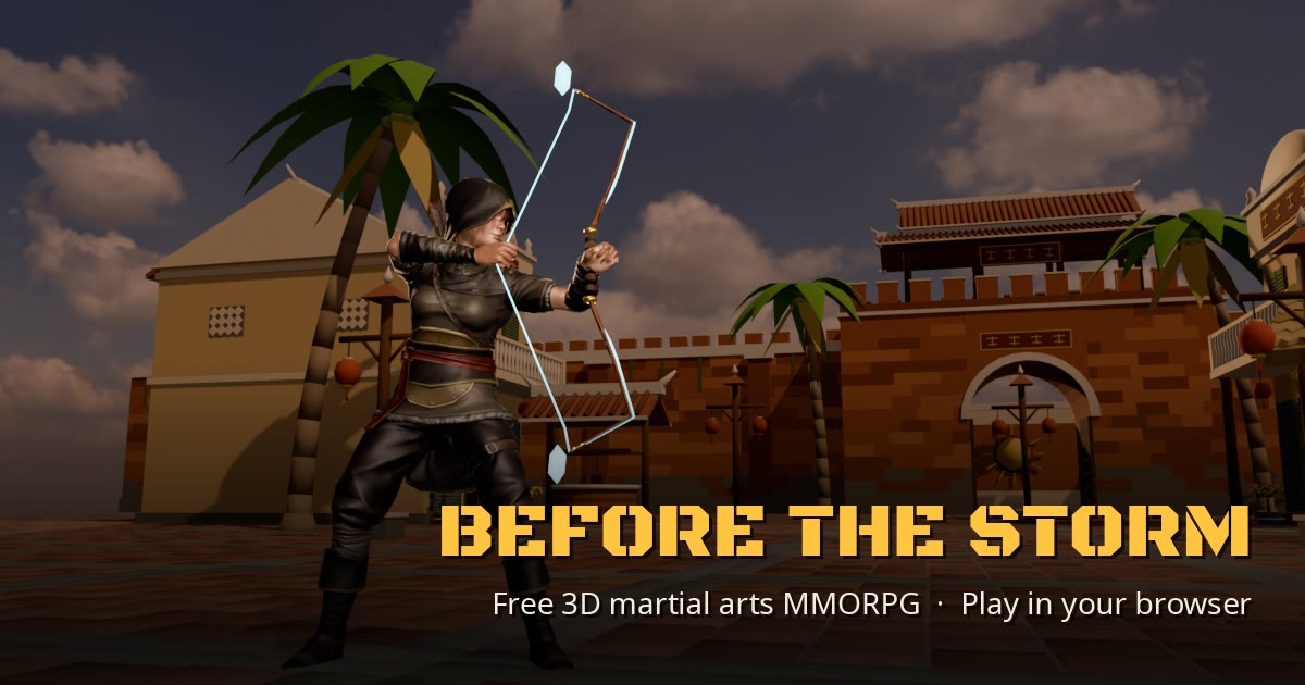 A hooded archer draws her bow in the Phu Giang Old Quarter as storm clouds gather