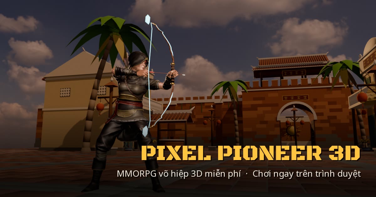 Nữ cung thủ trùm mũ giương cung lắp tên giữa Phố Cổ Phú Giang khi mây bão kéo đến